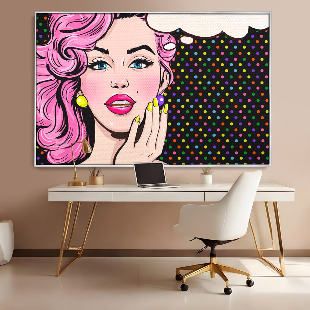 Tablou canvas cu ilustratie pop art cu femeie, in rama de aluminiu argintiu, pe perete intr-un birou